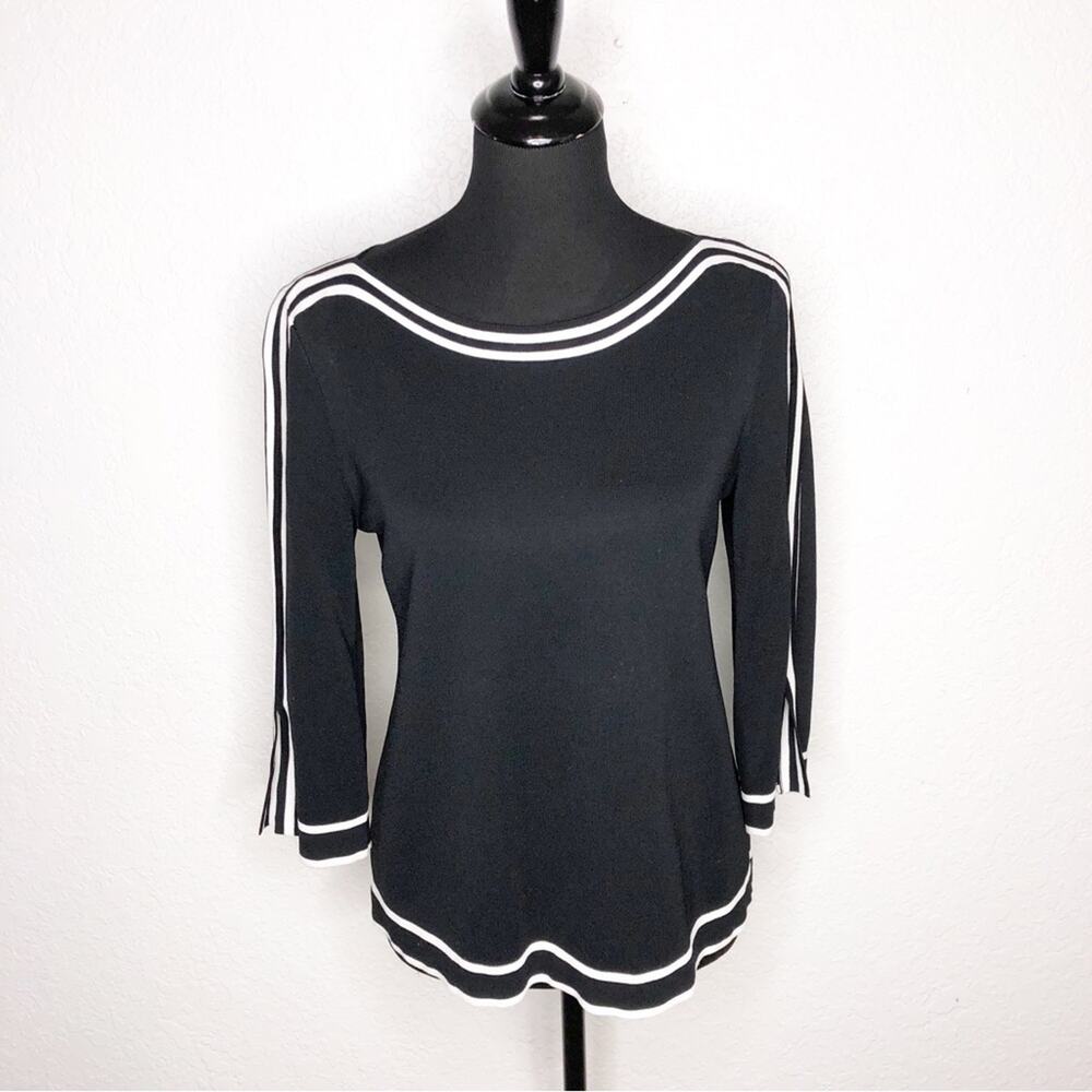 Joseph Ribkoff black white striped trim boat neck knit sweater top size Medium
